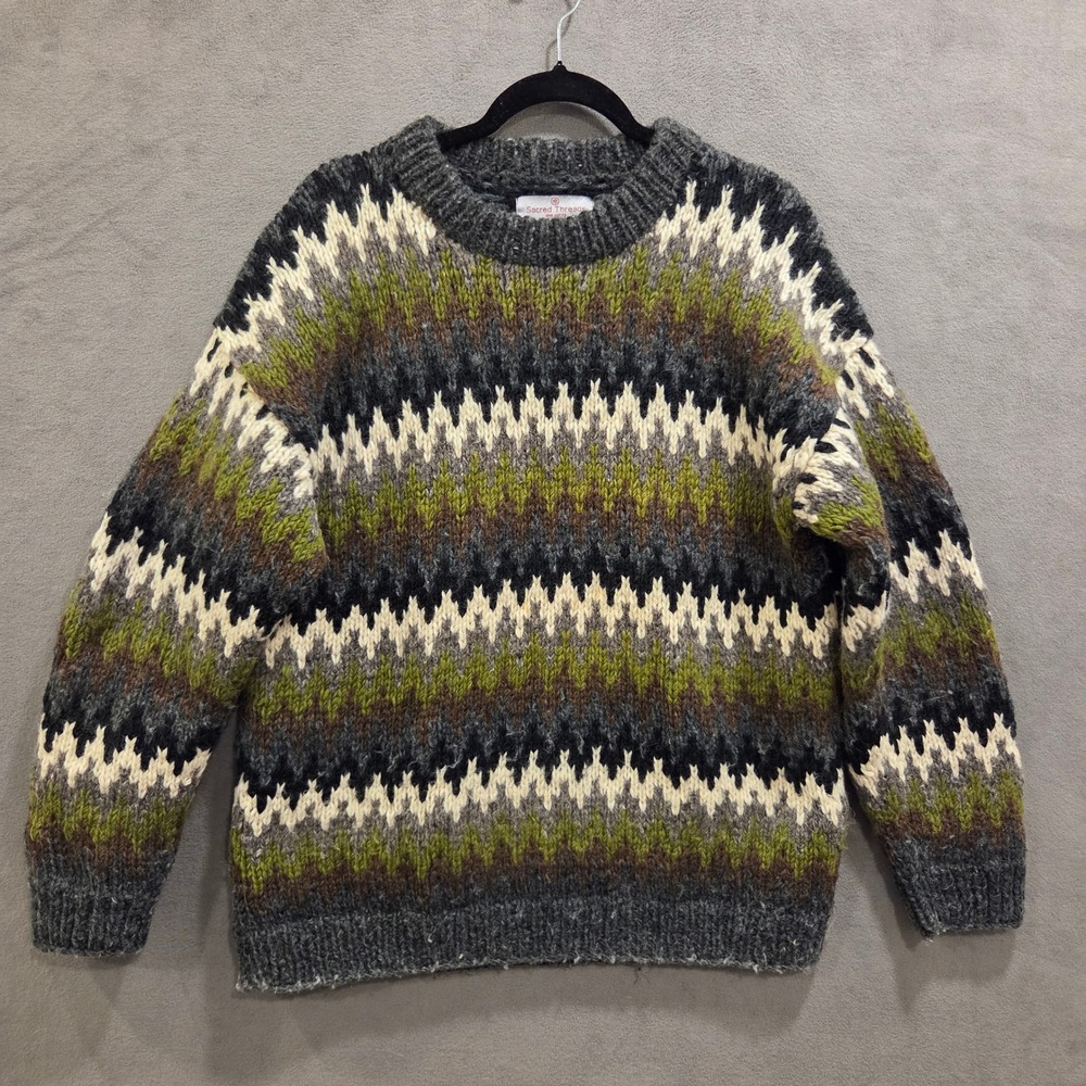 Sacred Threads Wool Hand Knitted Crewneck Sweater Adult OS Chunky‎ Heavy Folk